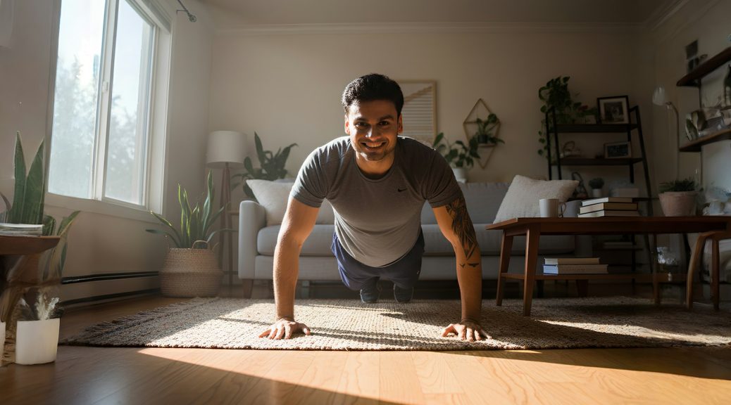 A man doing push-ups in a sunlit living room